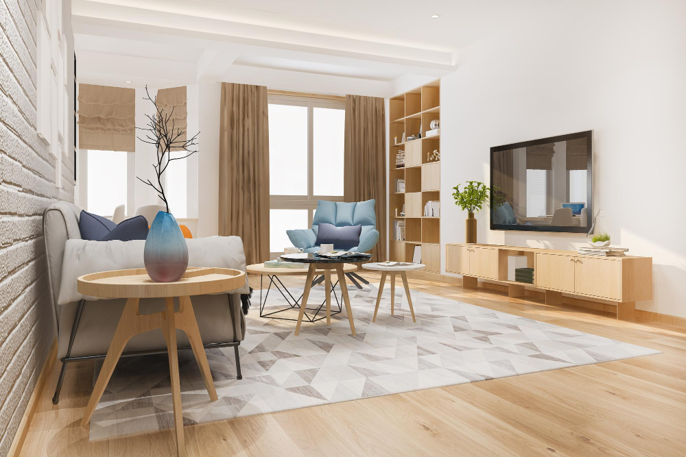 3d Renderizado Loft Sala Estar Escandinava Mesa Trabajo Estanteria