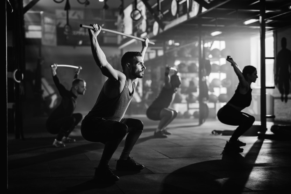 Foto Blanco Negro Grupo Atletas Haciendo Ejercicio Barras Peso Entrenamiento Deportivo Gimnasio