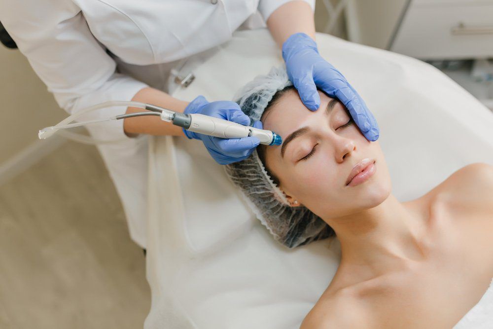 Vista Arriba Rejuvenecimiento Hermosa Mujer Disfrutando Procedimientos Cosmetologia Salon Belleza Dermatologia Manos Resplandores Azules Salud Terapia Botox